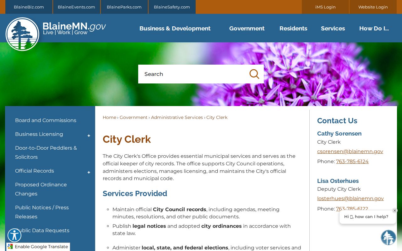Blaine court records City Clerk municipal records information