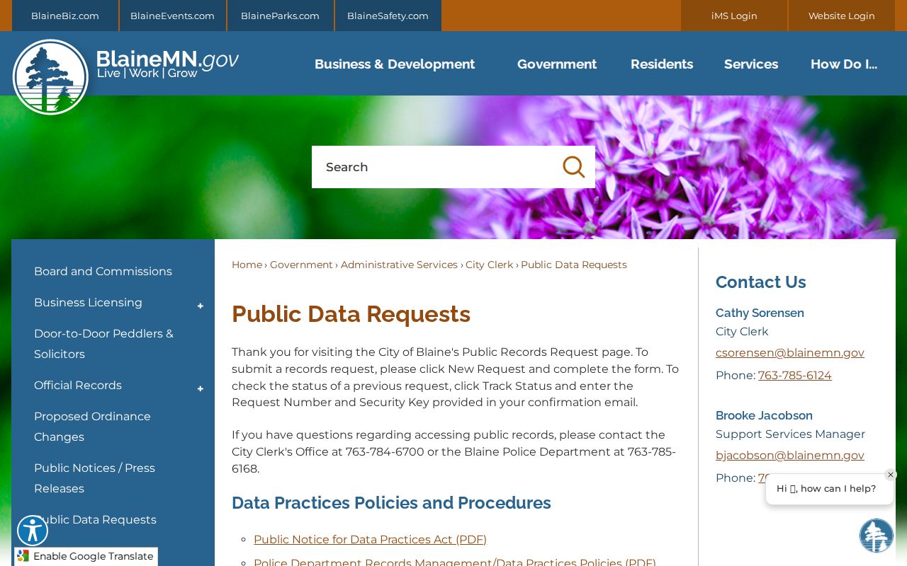 Blaine court records public data request interface