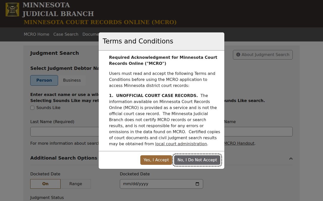 MCRO Judgment Search form with debtor name date status and county filters