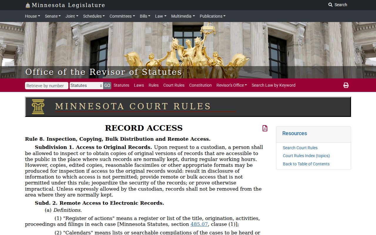 Minnesota Rule 8 remote court-record access information used for Anoka County docket searches