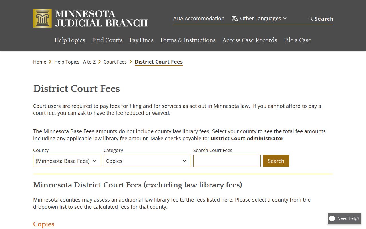 Minnesota district court copy-fee catalog for civil court record products