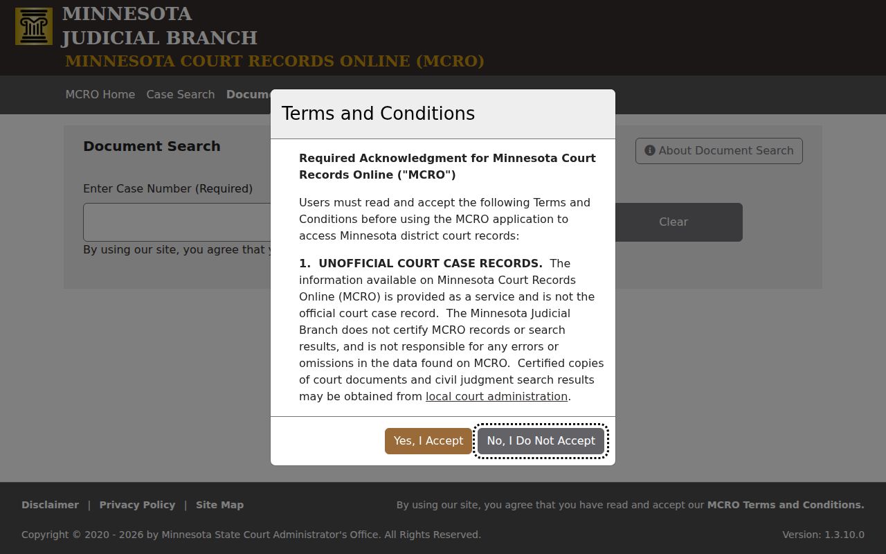 MCRO Document Search form requiring an Anoka County civil case number