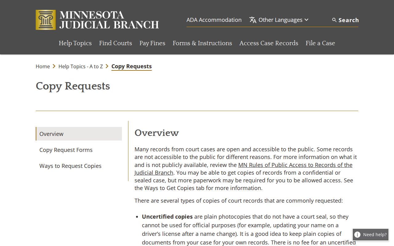 Minnesota Judicial Branch explanation of plain certified and exemplified court copies