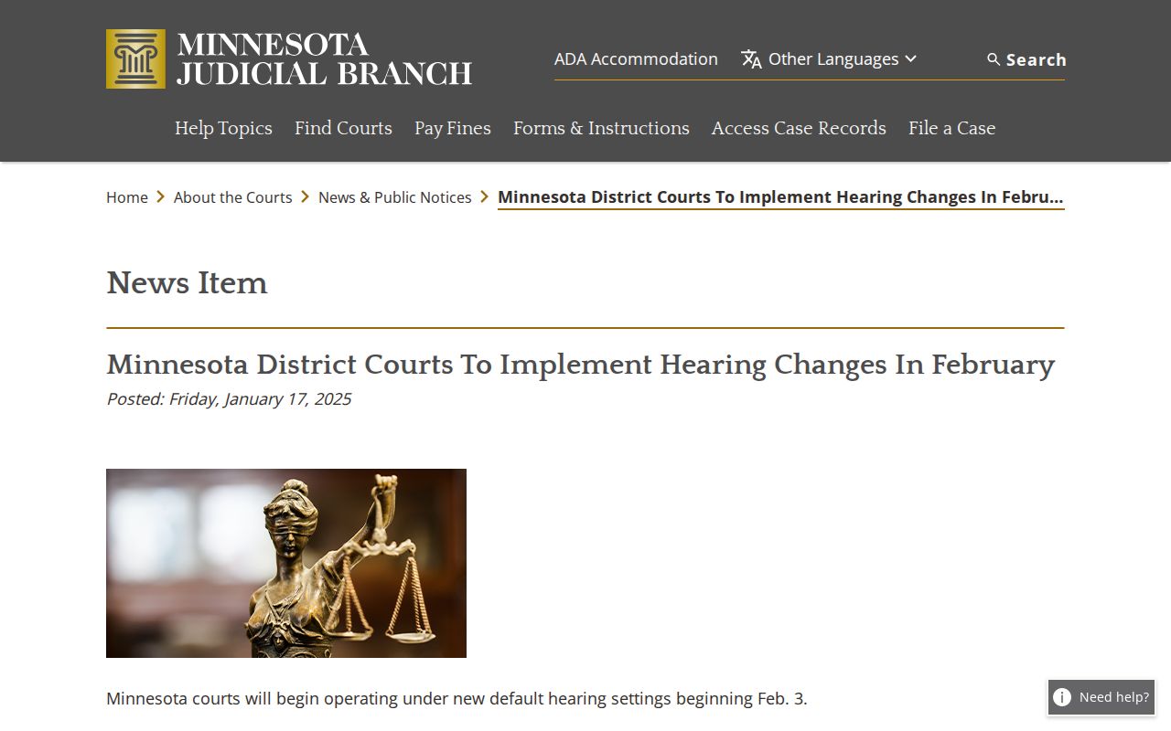 Minnesota Judicial Branch hearing and calendar-setting update relevant to Anoka County court schedules