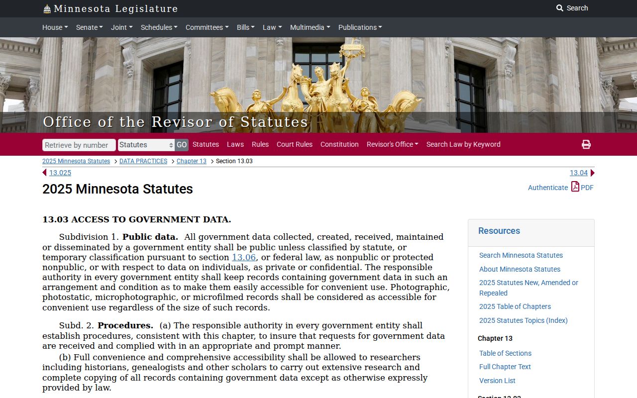 Anoka County court records source showing Minnesota public-data access law