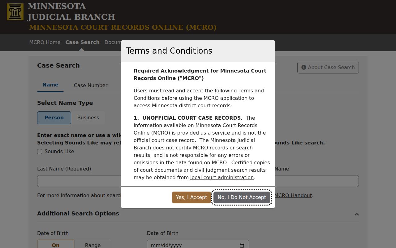 MCRO Case Search controls for Anoka County criminal docket lookup