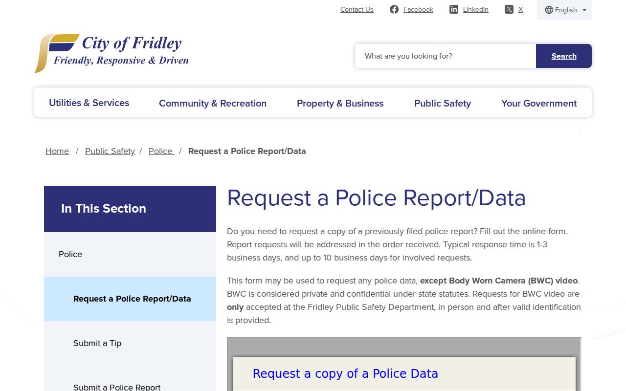Fridley court records police data request information