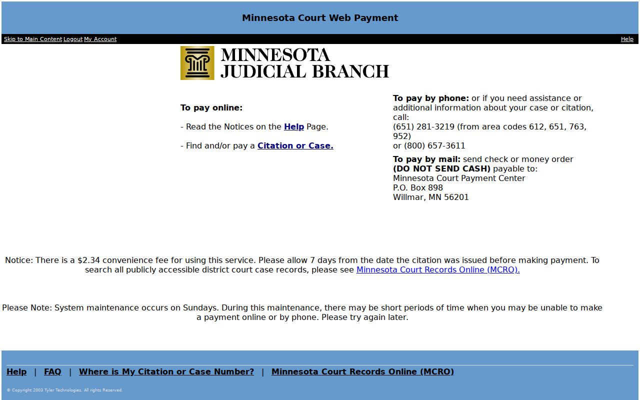 Anoka County traffic court records Minnesota Court Payment Center citation or case lookup